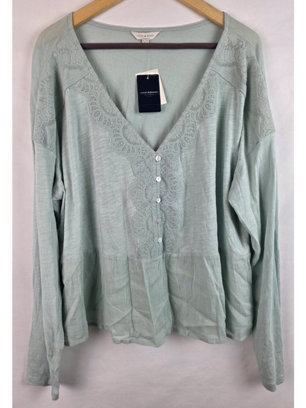 Lucky Brand Women's Top Size XL Mint Green Lace Long Sleeve Blouse Shirt